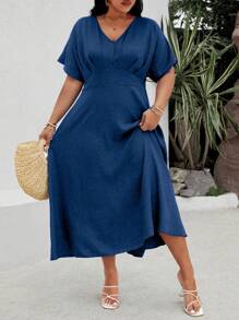 EMERY ROSE Plus Size Solid Color Gathered Waist Long Batwing Sleeve Holiday Casual Dress Maxi Women Outfit - Navy Blue - View 7