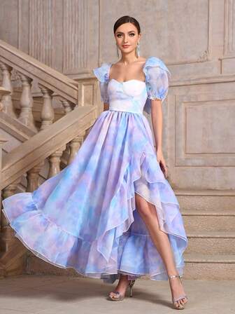 扎染欧根纱荷叶边不对称开衩泡泡袖女士晚礼服（重磅款式）女士正式舞会礼服