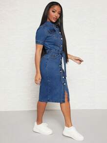 SHEIN SXY Women's Denim Dress With Short Sleeves, Single Row Button And Waist Belt For Summer - Medium Wash - View 3