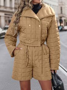 Chiquease Women's Stitched Double-Breasted Lapel Casual Long Sleeve Padded Coat And Shorts Set - Camel - View 3