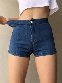 Summer Casual Elastic Skinny Denim Shorts - Blue - View 1