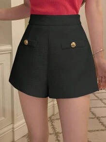 DAZY 女士优雅纯色短裤，适合夏季通勤、新年前夜 - 黑色 - 查看 4