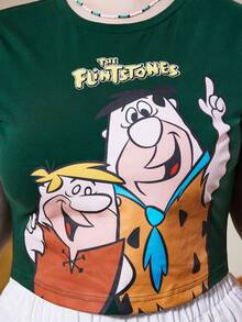 THE FLINTSTONES | SHEIN Áo thun tay ngắn in họa tiết nhân vật hoạt hình màu xanh lá cây thời trang thường ngày cỡ lớn mùa hè - màu xanh lá - Xem 7