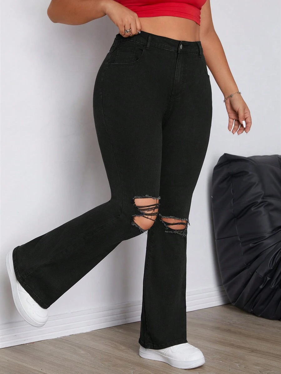 SHEIN ICON Plus Size Solid Color Skinny Flared Jeans With Distressed Details - Black - View 1