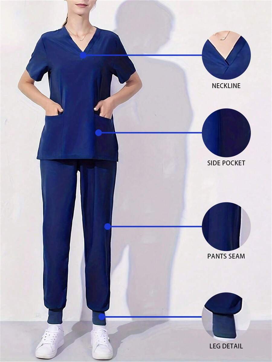 纯色V领短袖T恤和抽绳腰运动裤护士服套装