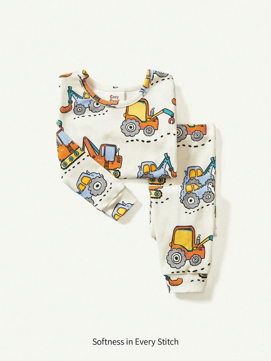 Cozy Pixies Baby Boy Snug Fit Pajama Set With Cartoon Multicolor Car Pattern Knitted Soft Round Neck Long-Sleeved Pullover And Pants, 2pcs, Suitable For Spring, Summer And Autumn - Apricot - View 1