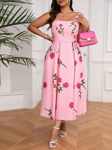 SHEIN Privé Plus Size Summer Elegant A-Line Rose Printed Sundress With Pockets, Suitable For Dating, Vacation, Afternoon Tea And Outdoor Activities, Pink
