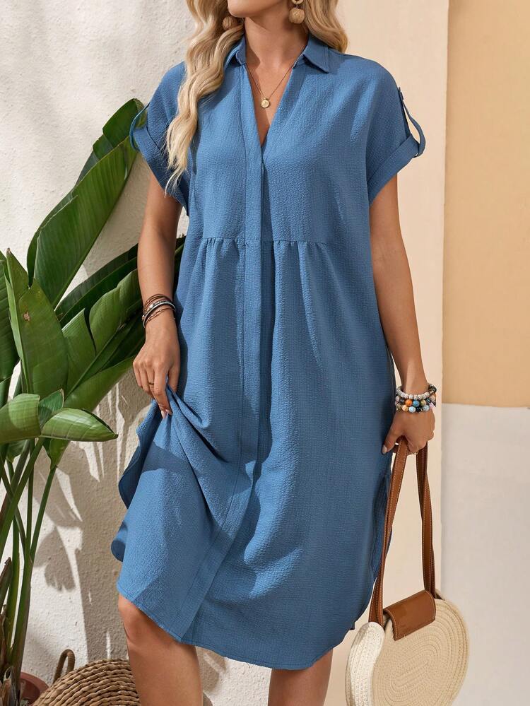 Women's Notched V-Neck Batwing Sleeve Solid Color Summer Dress Casual Dress Teacher Clothes Blue Dress