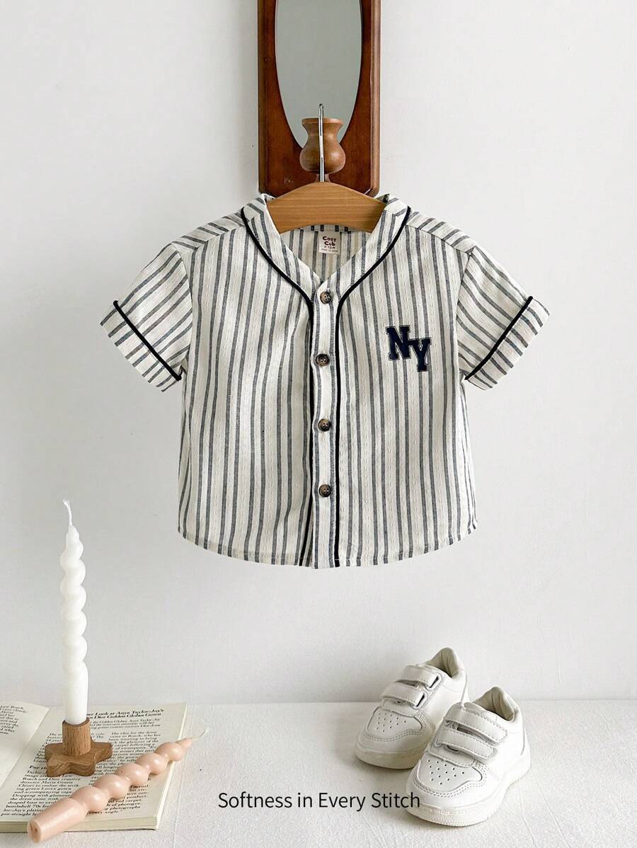 Cozy Pixies Baby Boy Colorful Striped Patchwork Collared Button-Up Short Sleeve Shirt With Letter Print