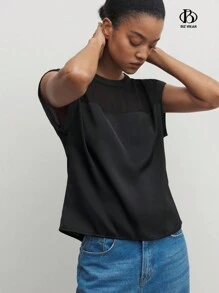 BizChic Women's Summer Solid Color Round Neck Mesh Contrast Batwing Short Sleeve Loose Shirt