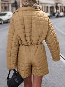 Chiquease Women's Stitched Double-Breasted Lapel Casual Long Sleeve Padded Coat And Shorts Set - Camel - View 2