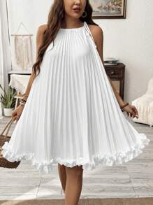 Celure Elegant Pleated And Ruffle Edge Belted Dress - White - View 6
