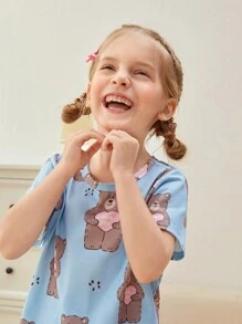 Young Girl Grey Bear Heart Printed Shorts And Short Sleeve Loose Casual 2pcs Homewear - Multicolor - View 3