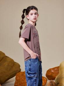 THE FLINTSTONES | SHEIN Camiseta casual de manga corta y talla amplia con personaje de dibujos animados y estampado de letras para niña preadolescente, verano