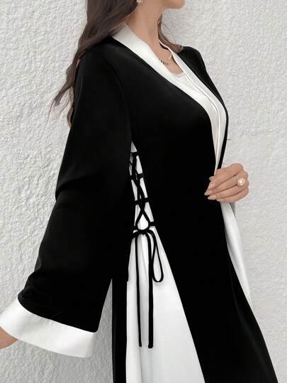 Yasmyna 女式拼色简约阿拉伯长袍，系带，前开式休闲优雅长袖宽松长袍，适合日常休闲/居家/办公室/旅游/度假/派对/学校