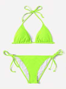 SHEIN Swim 女士霓虹綠雙肩帶性感比基尼套裝，夏季海灘霓虹泳衣 - 綠色 - 查看 1