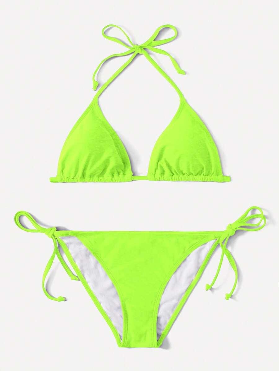 SHEIN Swim 女士霓虹綠雙肩帶性感比基尼套裝，夏季海灘霓虹泳衣 - 綠色 - 查看 1