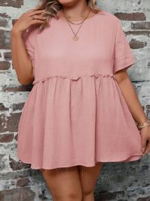 SHEIN LUNE Plus Size Solid Color Round Neck Lace-Trimmed Short Sleeve Shirt, Summer - Baby Pink - View 5
