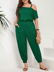 SHEIN LUNE Plus Size Solid Color Asymmetric Neckline Jumpsuit With Pockets, Summer Casual - Dark Green - View 1