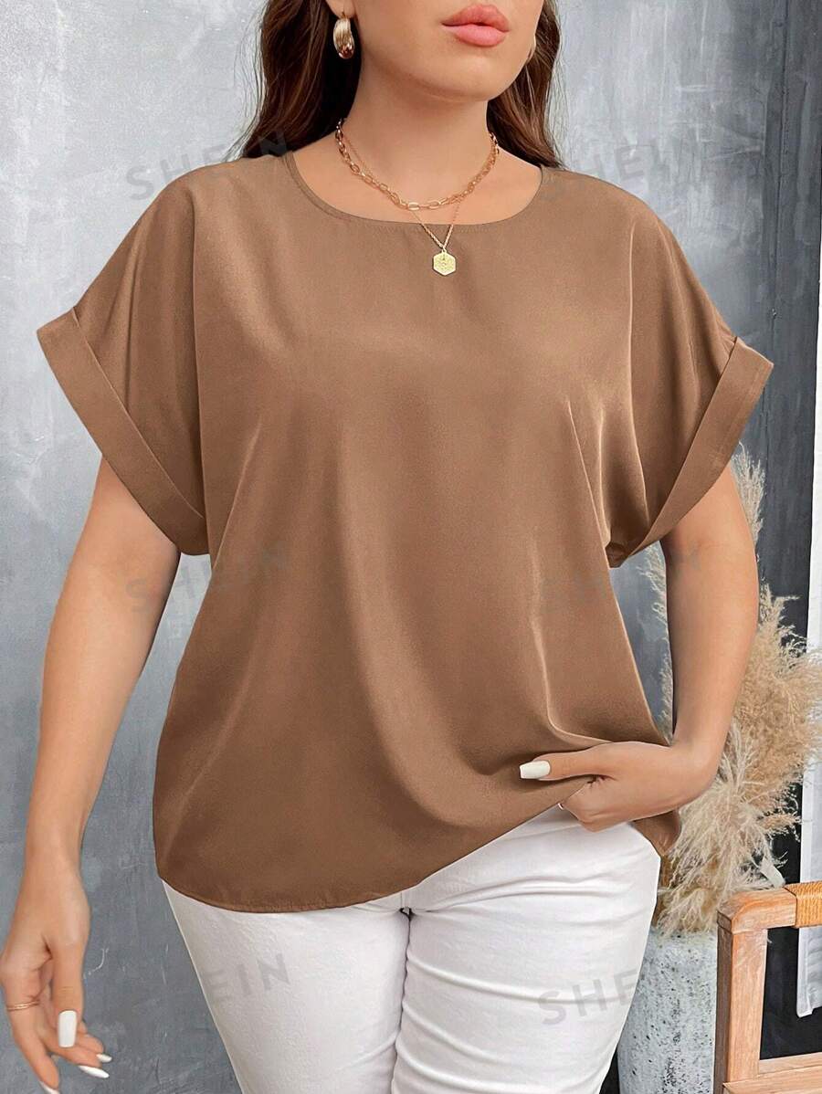 SHEIN LUNE Camisa sencilla de manga corta para mujer de talla grande para uso diario