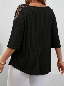 EMERY ROSE Camiseta de manga 3/4 con parches de malla de ajuste holgado para mujeres de talla grande, primavera/verano - Negro - Ver 2