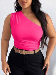 Calvaya Plus Size Women's Summer Solid Color One-Shoulder Sleeveless Pleated Bodysuit, Casual