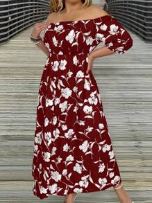 SHEIN Holidaya Plus Size Floral Allover Print Off-Shoulder Dress With High Slit For Vacation And Casual Occasions - Multicolor - View 4