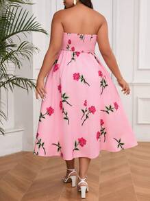 SHEIN Privé Plus Size Summer Elegant A-Line Rose Printed Sundress With Pockets, Suitable For Dating, Vacation, Afternoon Tea And Outdoor Activities, Pink