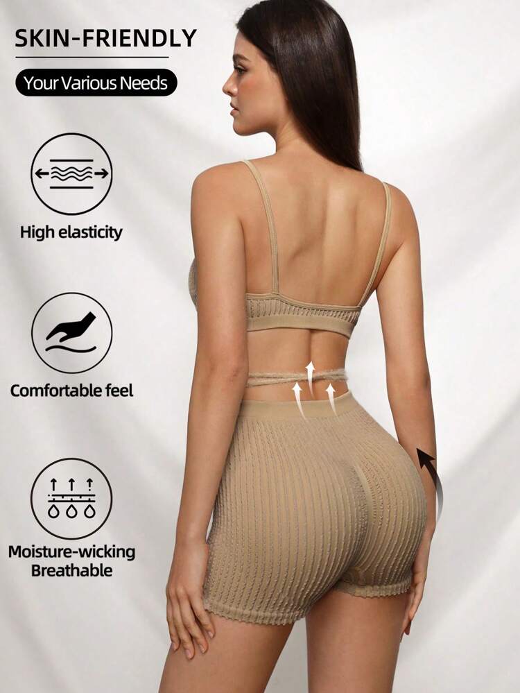 Women's Solid Color Ribbed Tank Top With Front Tie Strap And Shorts, Summer Sports Outfit Workout Sets