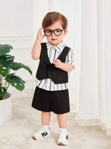 SHEIN Áo vest thường ngày cho bé trai/bé gái, áo sơ mi ngắn tay màu trơn/sọc & quần short lưng thun, lý tưởng cho các bữa tiệc sinh nhật, lễ rửa tội, lễ kỷ niệm sinh nhật đầu tiên, tiệc tùng, biểu diễn, đám cưới, v.v. - Nhiều màu - Xem 6