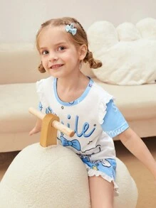 Ensemble décontracté 3 pièces pour jeune fille imprimé lapin bleu et blanc avec pantalon long, short et haut de détente