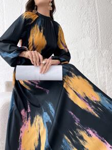 Modelyn Ladies' Printed Casual Long Sleeve Arabian Dress With Belt - Blue - View 1