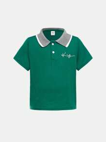 SHEIN 绿色拼布“Young Boy”刺绣 Polo 衫，春夏季短袖休闲装 - 綠色 - 查看 2