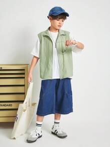 SHEIN 兒童小孩休閒韓風领立領袖口袋拉鍊寬鬆工裝編織背心外套（有吊牌），適用於日常穿著、度假、運動和各個季節 - 綠色 - 查看 2