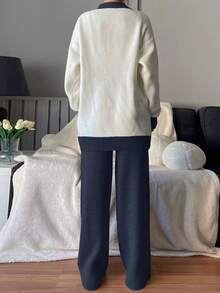 EURMUSE Colorblock Drop Shoulder Sweater Cardigan And Plain Loose-fit Wide-leg Pants Two-piece Set - Multicolor - View 6