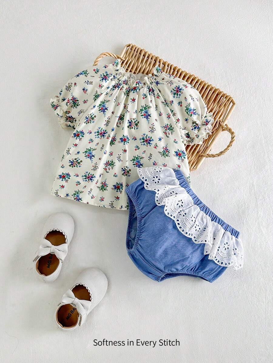 Cozy Pixies Baby Girl Flower & Plant Printed Round Neck Top With Ruffle Hem And Bud Shorts Set