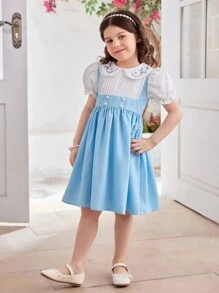 SHEIN Vestido de 2 en 1 con estilo elegante y de princesa para niña, con bloqueo de color, encaje bordado, cuello Peter Pan, mangas abullonadas y longitud hasta la rodilla, adecuado para el verano, volver al colegio, fiestas, actuaciones, reuniones familiares, vacaciones y viajes