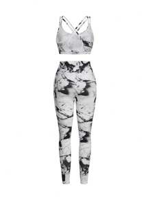 Easify SHEIN Sport Printed Loose Vest + Black Cross Back Tight Camisole + Printed Skinny Pants 3pcs/Setwomen Workout Set Women Leggings Set