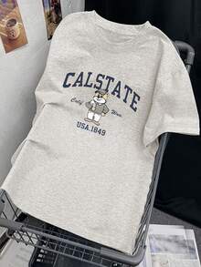 Women Summer Casual Loose Letter & Cartoon Print Round Neck Short Sleeve T-Shirt, Versatile Design - Light Grey - View 3