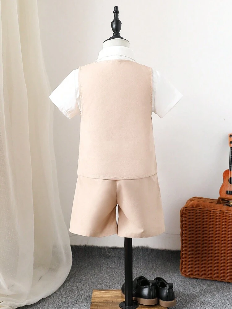 3pcs Boys' Gentleman Style Suit, Short Sleeve Shirt And Fashionable Shorts Set