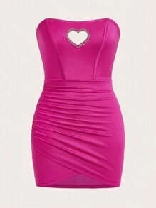 SHEIN ICON Vestido ajustado de corte ceñido con corazones huecos, decorado con cadena de diamantes y dobladillo superpuesto