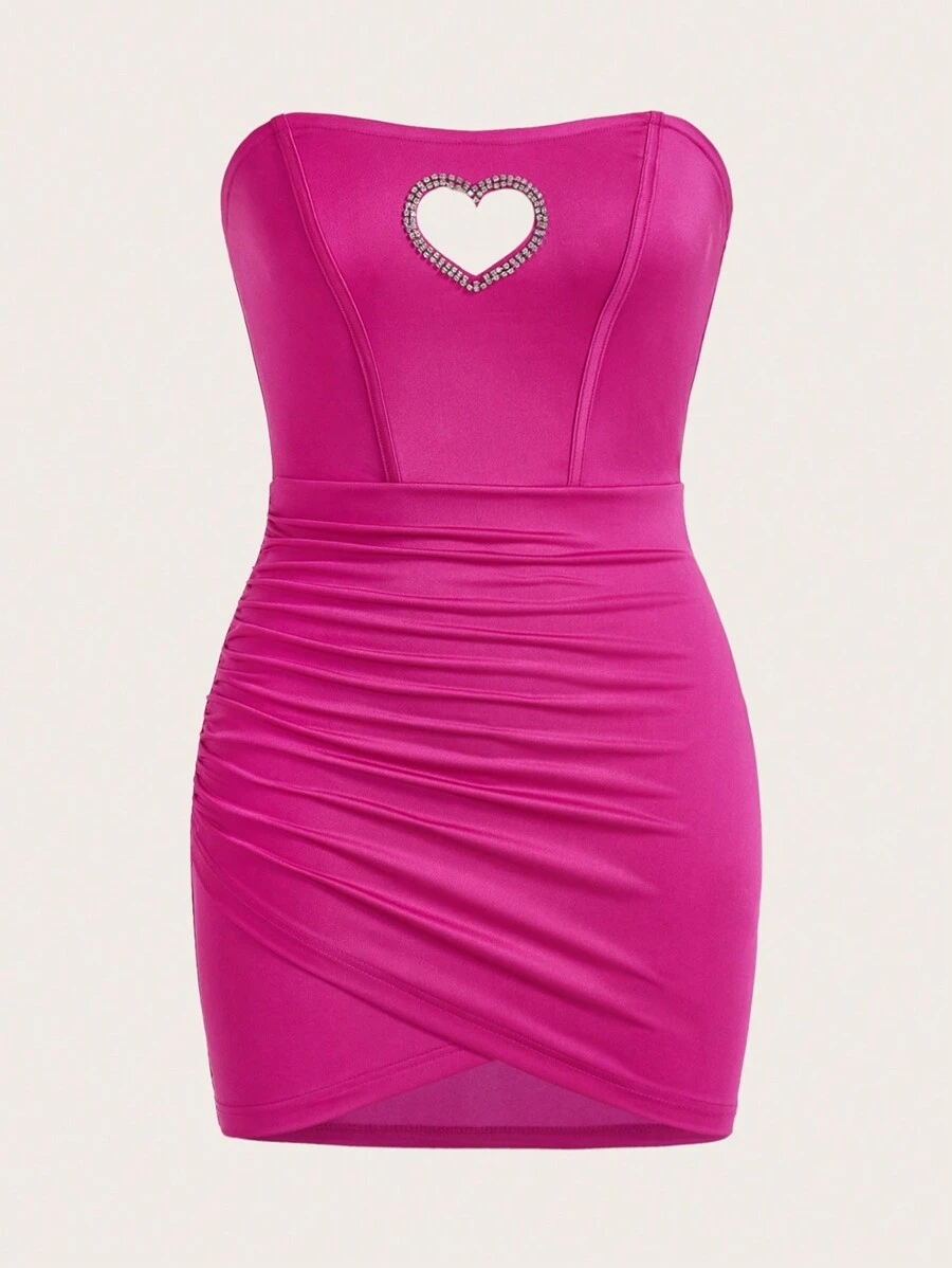 SHEIN ICON Vestido ajustado de corte ceñido con corazones huecos, decorado con cadena de diamantes y dobladillo superpuesto