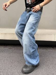 Manfinity EMRG 男士纯色简约风格日常牛仔裤，纯色牛仔裤长款宽松浅蓝色洗水工装牛仔裤，适合丈夫、男朋友的礼物