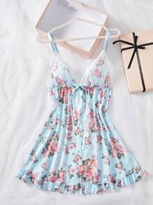 Women's Bowknot Decorated Floral Print Sexy Camisole Pajama Night Dress Bow Tie