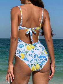 Swim Vcay Einteiliger Badeanzug mit Knotenschulterriemen und Fruchtdruck für Strandurlaub im Sommer