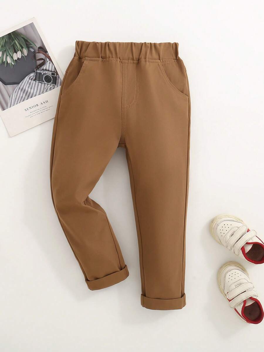 SHEIN Young Boy Simple Elastic Waist Slant Pocket Tapered Trousers - Coffee Brown - View 1