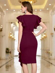MIUSOL Butterfly Sleeve Ruffle Trim Zip Back Draped Cocktail Bodycon Dress - Burgundy - View 3