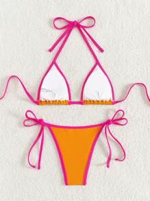 Swim Mod Set Bikini Halter Neck dengan Trim Kontras untuk Liburan dan Acara Santai di Pantai Musim Panas - Jeruk - View 2