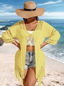 SHEIN VCAY Plus Size Women's Solid Color Simple Daily Kimono With Tassel Decoration Summer