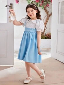 SHEIN Vestido de 2 en 1 con estilo elegante y de princesa para niña, con bloqueo de color, encaje bordado, cuello Peter Pan, mangas abullonadas y longitud hasta la rodilla, adecuado para el verano, volver al colegio, fiestas, actuaciones, reuniones familiares, vacaciones y viajes